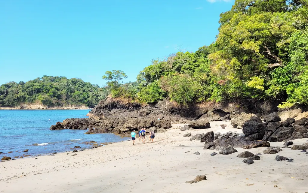 Lys sandstrand med sorte klipper og grøn skov ved turkist vand i Manuel Antonio
